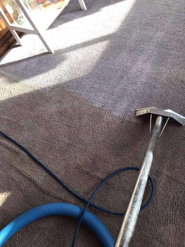 Gray carpet with a sharp line between cleaned and uncleaned areas